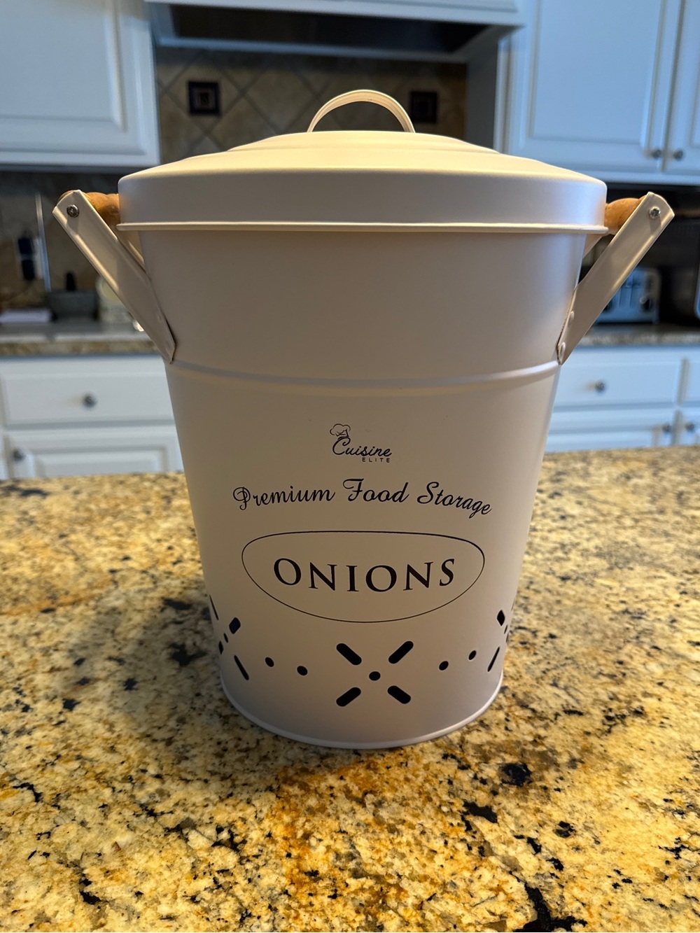 Creamy Off-White Metal Onion Storage Bin with Lid